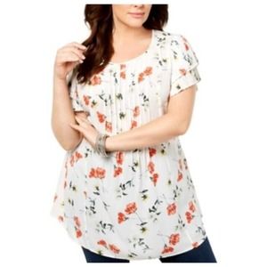 Style & Co. Tunic Blouse Womens Plus 2X White Red Floral Pleated Tie Waist Flowy